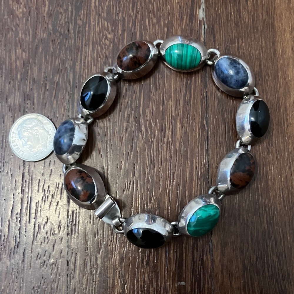 Gorgeous Vintage Taxco Multi-Stone Cabochon and Sterling Linked Bracelet - Picture 6 of 11